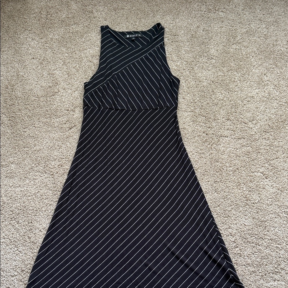 Athleta Santorini High Neck Mix Stripe Dress in black and white